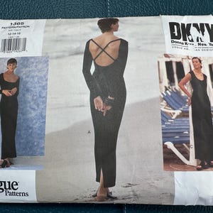 May include: Vogue Patterns sewing pattern featuring a DKNY design. The pattern includes a long black dress with a square neckline and a crisscross back detail. The pattern size is 12-14-16.