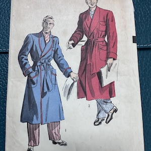 May include: Vintage sewing pattern featuring illustrations of men's robes and pajamas. The pattern is labeled "ADVANCE 4936" and includes sizing information for a large chest size of 42-44 inches. The illustrations depict two different robe styles.
