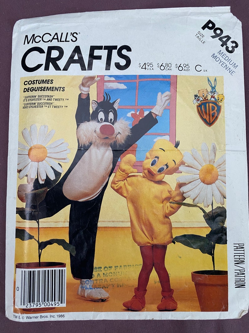 Vintage 80/'s McCall/'s #P943 Sewing Pattern Adult Sylvester and Tweety Bird Costume/'s Adult Chest 36-38