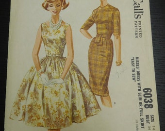 Vintage 60's McCalls #6038 Sewing Pattern Women's Dress with Slim or Full Skirt Complete Waist -26"  Bust -34"