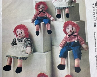 Vintage 60's McCall's  #6941 Sewing Pattern Raggedy Ann & Andy Dolls Sizes 15" to 25"