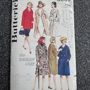 May include: Vintage Butterick sewing pattern for a raglan coat, featuring illustrations of various coat styles. The pattern includes sizes 10-18 and the text "3007". The cover showcases coat designs in red, plaid, and floral prints.