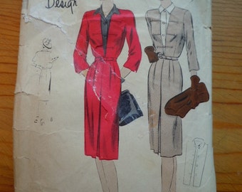 Vintage 40's Vogue #4414 -Special Design Sewing Pattern Women's One Piece Dress with Dickey Bust 38"  Complete