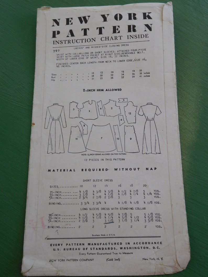 New York Sewing Pattern 797 Vtg 40's Women's Dress Side Closing Button