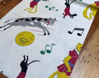 Vintage 40s Barkcloth Fabric, Musical Circus Theme, One Yard