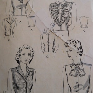 May include: A vintage sewing pattern for a women's blouse with different neckline and sleeve options. The pattern includes a ruffled collar, a bow tie, and a sleeveless vest. The pattern is labeled "Butterick".