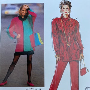 May include: A sewing pattern featuring two different outfits. The first outfit is a colorful, geometric patterned top with a skirt. The second outfit is a red, patterned top with matching pants. The pattern includes instructions for both outfits, labeled A and B.