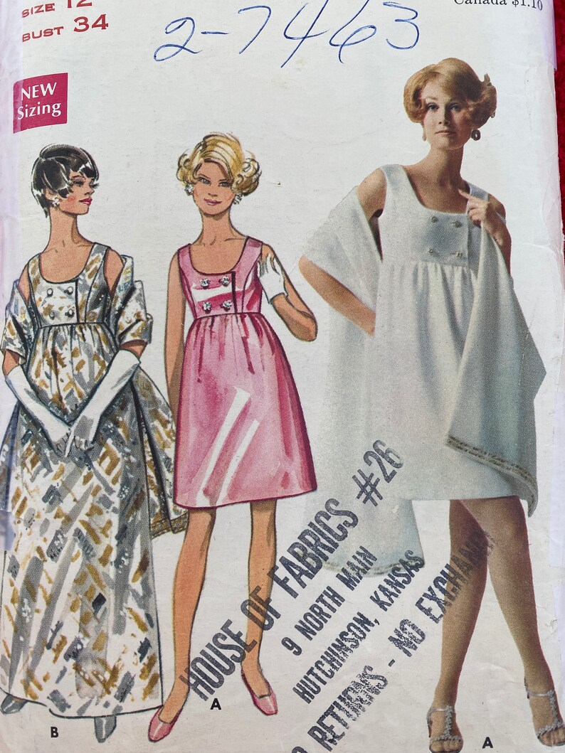 Vintage 60's Butterick 5212 Sewing Pattern Women's High Waisted Evening Dress and Stole Bust 34 image 1