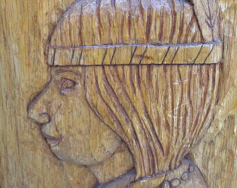 Vintage Wood Carved  "Native American Princess" Folk Art -Portrait Style 8" x 12" signed