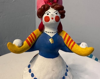 Vintage 80's Russian Dymkovo Clay Folk Art Lady Figure -6" tall