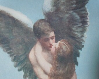 Vtg 1906 Reproduction "Reunion"  Print of Angel's  Love to  Heaven  - 21" x 10"