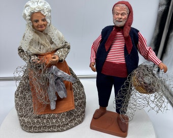 Vintage Lot of French "Santon Dolls"  Terra Cotta Fisherman and Lady  Fishmonger - 10" tall