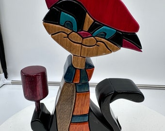 Vintage Wood Parisian Cat Sculpture Colorful holding Glass of Wine -9" tall