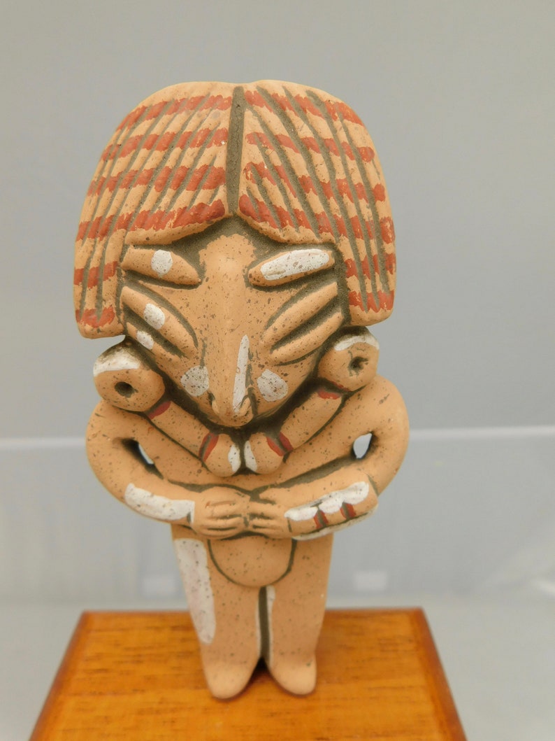 Vintage Mexican Statue Pottery with Wood Base Hand Carved Etsy