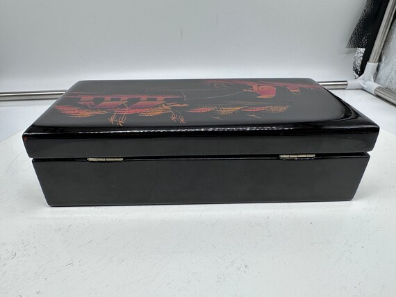 Vintage 70's Black Lacquer Wood Jewelry Box with … - image 9