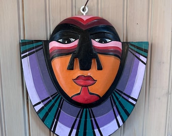Máscara facial tribal de madeira Laurel Burch vintage dos anos 80, multicolorida e pintada à mão - 18 cm (7")