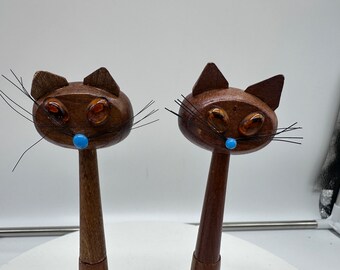 Vintage 60's Wood Carved Cats Pen and Letter Opener Standard Speciality Finest Made in Japan 7" tall
