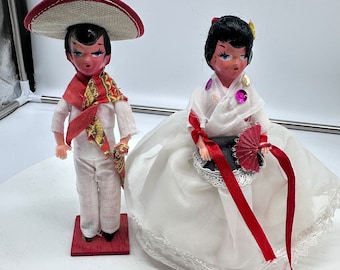 Vintage 70's Mexican Wedding Dolls Bride and Groom Couple White Dress Outfits- 6" tall