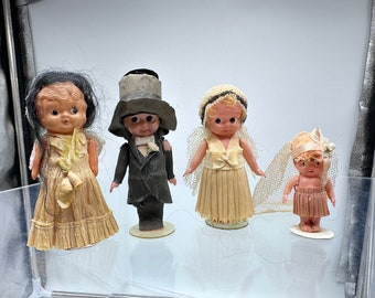 Vintage 30's Kewpie Dolls Celluloid Crepe Paper set of Three Brides and one Groom Dolls Cake Toppers 2-4" tall