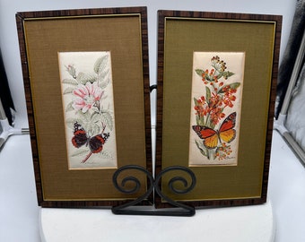 Vintage 70's Cash's Woven Pictures "Wild Flowers and Butterflies" Made in England -Set of Two 10" tall