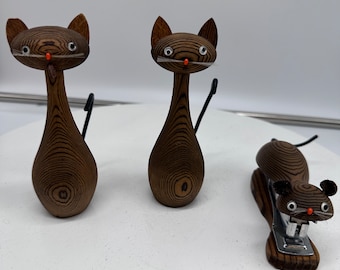 Vintage 60;s Lot of Wood Carved Cats OMC Japan 2- Car Figures and Stapler 4" tall