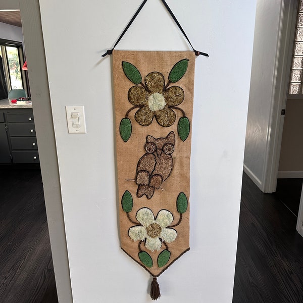 Vtg 70's Burlap Latch Hook Wall Hanging Panel with Owl and Flowers Fiber Yarn Art -44" long