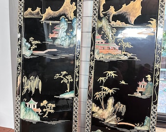 Vintage 60's Asian Black & Gold Lacquer Panels Hand Pained in Green and Pink Pearl Design's-  36" long