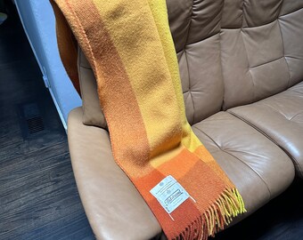 Vintage 70's Tidstrand Wool Plaid Blanket by Lena Rewell in Orange & Yellow's Sweden Made -66" x 55"