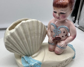 Vintage 50's Conrad Ceramics Planter Beach Scene with Shell Planter 6" tall