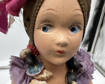 Vintage 40's Doll Carmen Miranda Style- Shells on Head Wrap Composition Side Glancing Eyes 11" tall