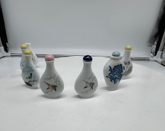 Vtg 70's Chinese Snuff Bottle's Lot #7 White Porcelain with Bird Designs 2" tall