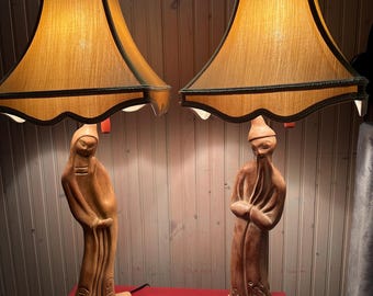 Vintage 60's Mid Century Lamps Asian Style Carved Figures by "Yasha Heifetz" - 31" tall