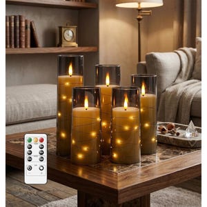 Juego de 5 velas LED cilíndricas grises sin llama, luces de hadas parpadeantes, temporizador para decoración del hogar.