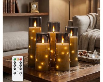 Gray Flameless LED Candles Set of 5, Flickering Battery Operated Pillar Candles with Timer, Fairy String Lights, Home Decor