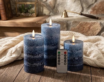 Navy Blue LED Flameless Pillar Candles Set of 3, Real Wax with Remote & Timer, 3D Flickering Flame, Battery Operated, Home Decor