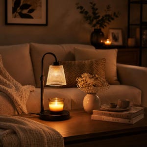 Può includere: Una lampada scaldacera nera con paralume in vetro strutturato e candela accesa. La lampada è su un tavolo di legno scuro con libri, un vaso di fiori e un divano sullo sfondo. L'illuminazione è calda e accogliente.