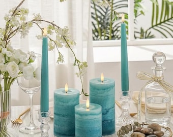 Juego de velas LED cilíndricas con efecto degradado en tonos verde azulado: Cera auténtica, llama parpadeante en 3D, decoración costera.