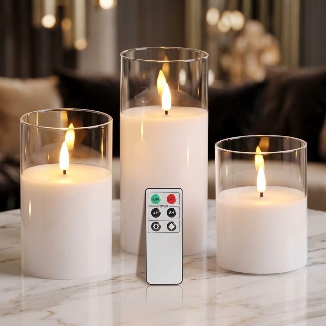 Pillars Remote Control Set of 3 Glass Flameless LED Pillar Candles, Remote Controlled ...