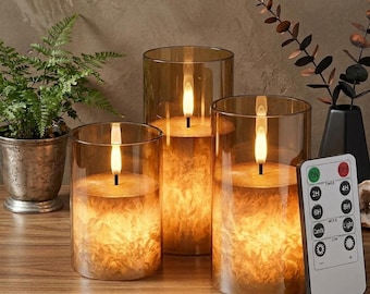 Gold Flameless Candles Set, LED Pillar Candles with Remote, Real Wax Flickering Battery Operated Candles, Home Decor Gift