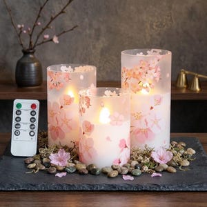 Cherry Blossom Flameless Candles Set of 3, Flickering LED Pillar Candles with Remote Timer, Real Wax Glass Candle Decor, Wedding Gift
