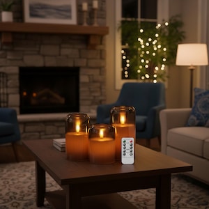 Puede incluir: Juego de tres velas LED sin llama en tarros de vidrio con mando a distancia. Las velas emiten un brillo ámbar cálido y están dispuestas sobre una mesa de centro de madera oscura. El fondo incluye una chimenea, sillas y una lámpara.