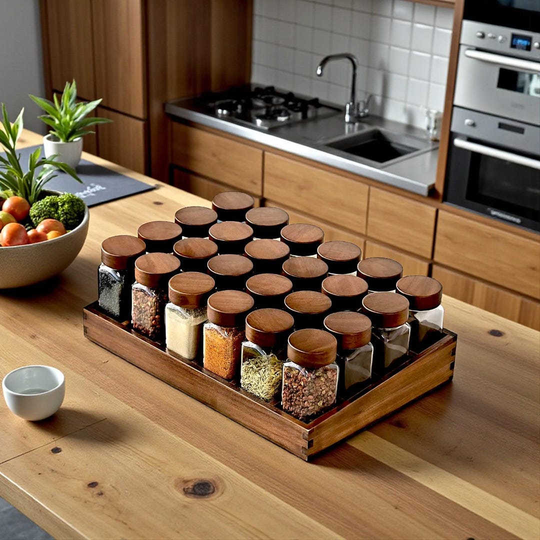 Acacia Wood Spice Rack • 12 Glass Jars, Kitchen Organizer - Etsy