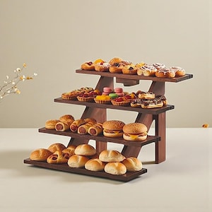 Può includere: Un espositore a più livelli in legno scuro pieno di prodotti da forno. Il ripiano superiore contiene pasticcini, il centro mini quiche e hamburger, e il ripiano inferiore panini e pane. Lo sfondo è vuoto.