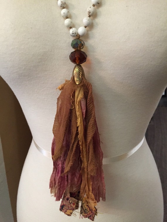 Sari silk ribbon tassel howlite necklace FREE SHIPPING to US