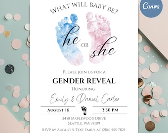 May include: A white gender reveal invitation with blue and pink footprints, the text "What will baby be? he or she" and event details. The invitation is for Emily & Daniel Carter, August 16 at 3:30 PM.