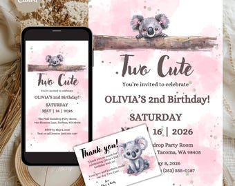 Dos lindas plantillas de invitación de cumpleaños / Invitación para el segundo cumpleaños de un koala / Plantilla editable de Canva para invitación de cumpleaños / Tarjeta de agradecimiento incluida