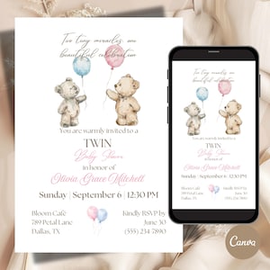 May include: Twin baby shower invitation featuring watercolor teddy bears holding balloons. The invitation includes event details such as the date, time, and location, with the text "Two tiny miracles, one beautiful celebration."