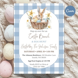 May include: An Easter brunch invitation with a blue gingham background. The invitation features a watercolor illustration of a bunny in a basket with eggs and flowers. Text includes event details and RSVP information.