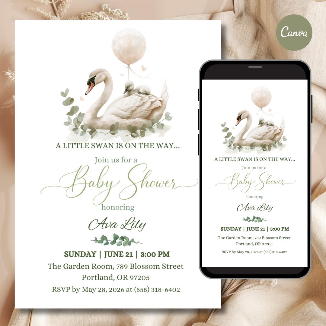 Swan Printable Baby Shower Invitation Template, Little Swan is on the ...