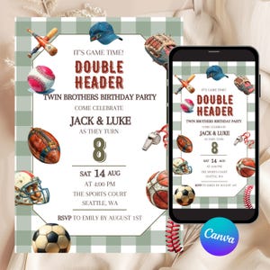May include: A digital birthday invitation template featuring a sage green gingham background with illustrations of a baseball, bat, glove, football, helmet, whistle, and soccer ball. The text reads: IT'S GAME TIME! DOUBLE HEADER TWIN BROTHERS BIRTHDAY PARTY.